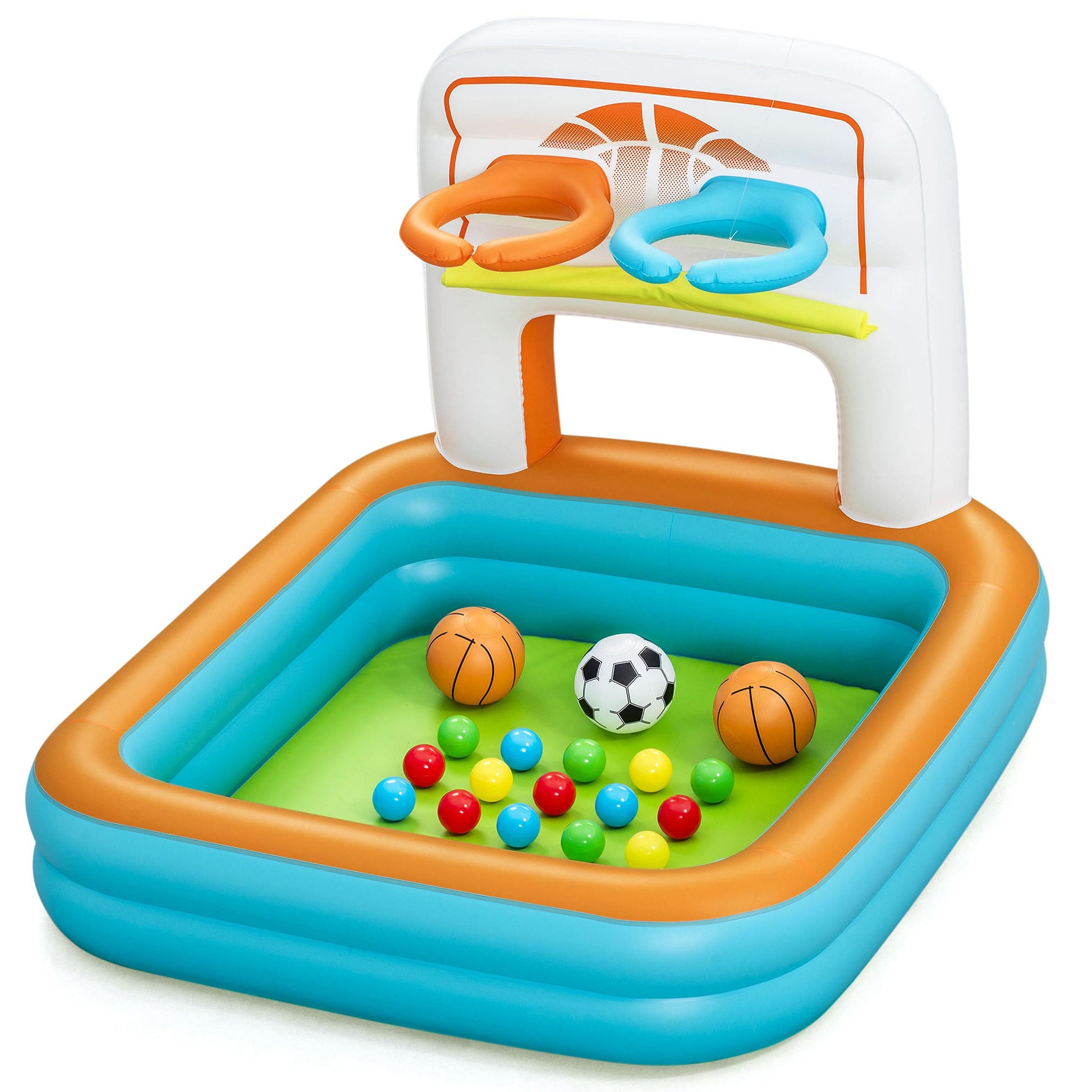 Inflatable sports center with turquoise and orange frame featuring a basketball hoop, ring toss game with colored rings, and pool containing basketballs, soccer