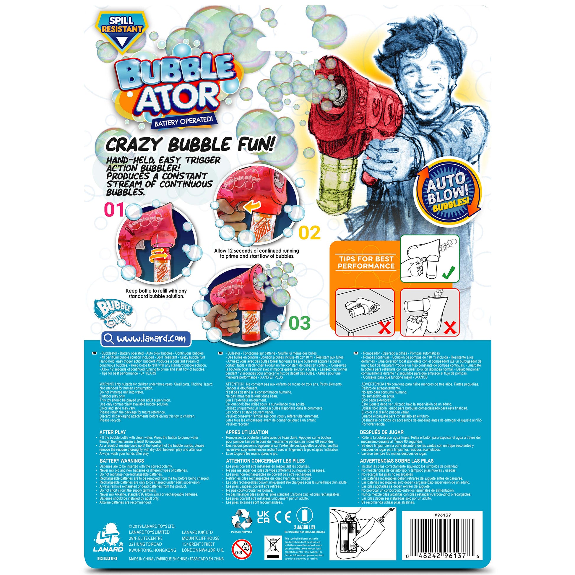 Bubble-ator battery-operated bubble blower in red with auto-blow feature and continuous bubble stream