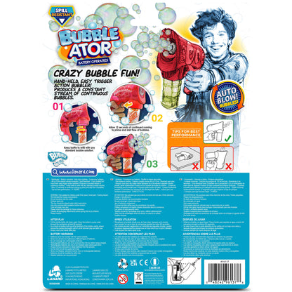 Bubble-ator battery-operated bubble blower in red with auto-blow feature and continuous bubble stream