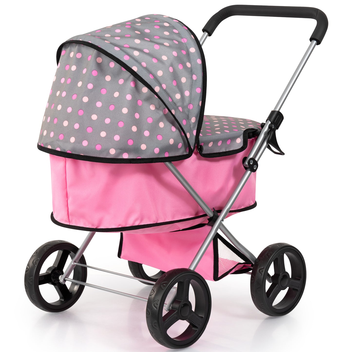 Bayer Design pink and grey polka dot doll pram with adjustable handle and shopping basket