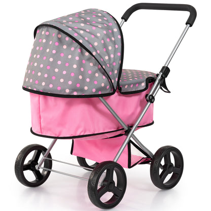 Bayer Design pink and grey polka dot doll pram with adjustable handle and shopping basket