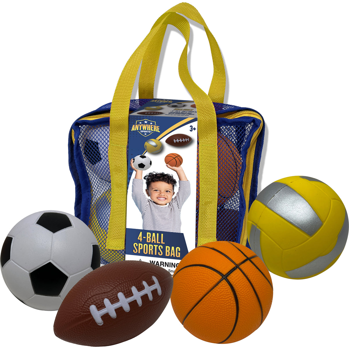 Anywhere Sports 4-Ball Sports Bag with yellow handles containing mini foam soccer ball, football, basketball, and volleyball, modeled by a child on packaging
