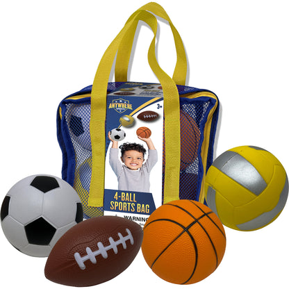 Anywhere Sports 4-Ball Sports Bag with yellow handles containing mini foam soccer ball, football, basketball, and volleyball, modeled by a child on packaging