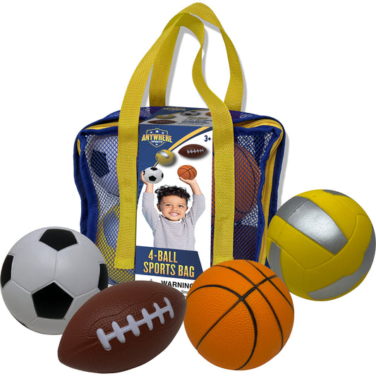 Anywhere Sports 4-Ball Sports Bag with yellow handles containing mini foam soccer ball, football, basketball, and volleyball, modeled by a child on packaging