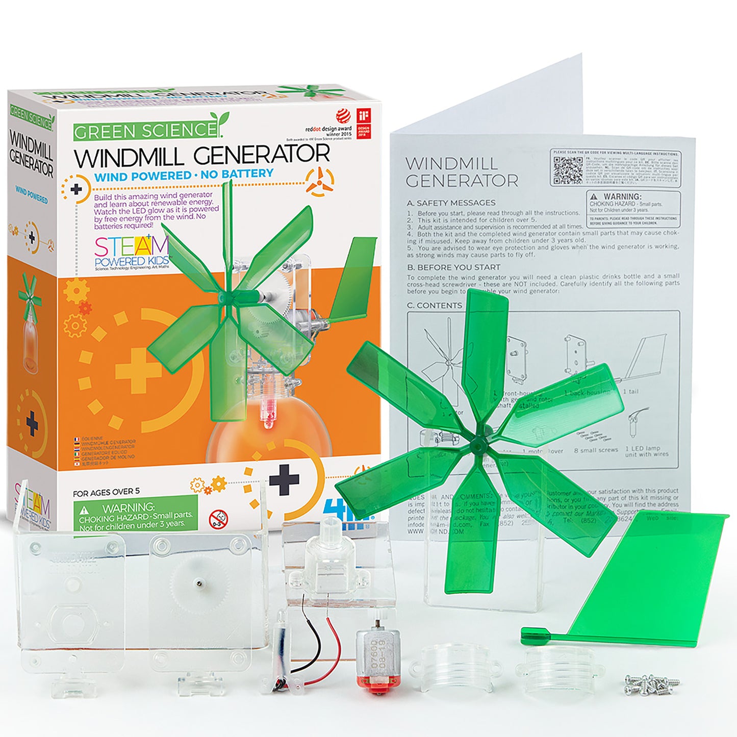 Green Science Windmill Generator STEAM kit with green blades, instruction manual, and white components