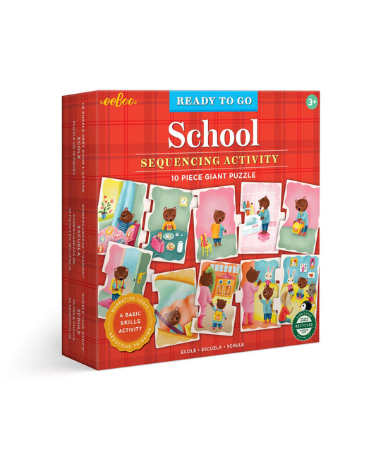 eeBoo School Day Sequencing 10 piece giant puzzle box featuring brown bear character in school scenes on red background