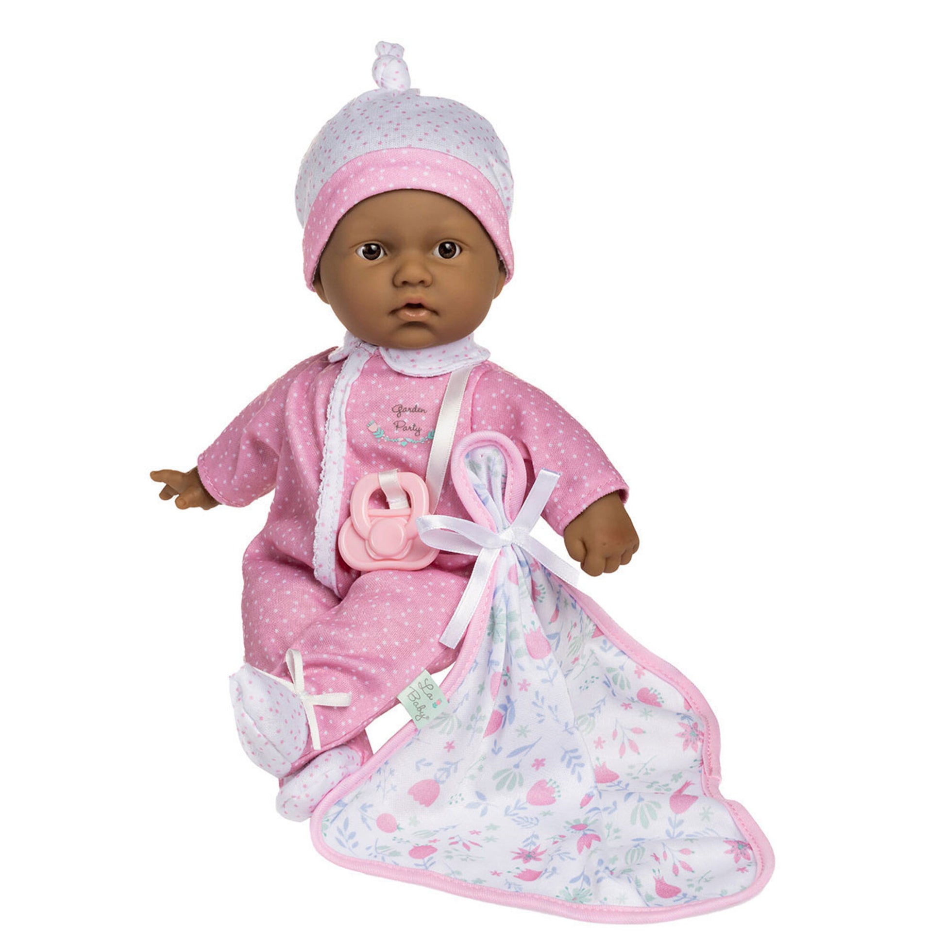JC Toys La Baby Hispanic doll in pink outfit with blanket and pacifier