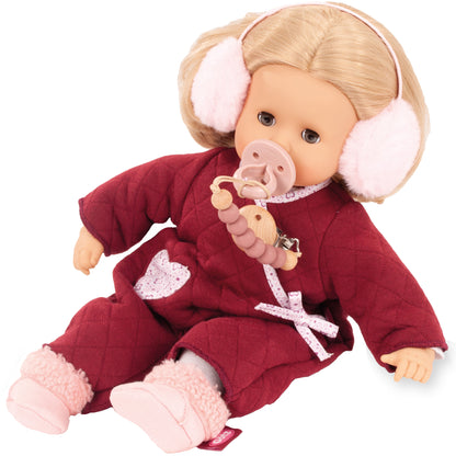 Jubilee Muffin Doll 13 inch soft doll with blonde hair, pink earmuffs, burgundy outfit