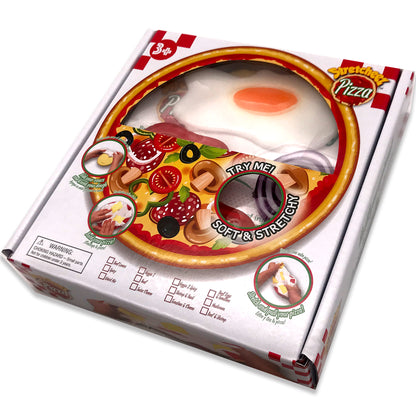 Stretcheez Pizza Playset with soft stretchy pizza base, colorful toppings including pepperoni and olives, and interactive elements on package
