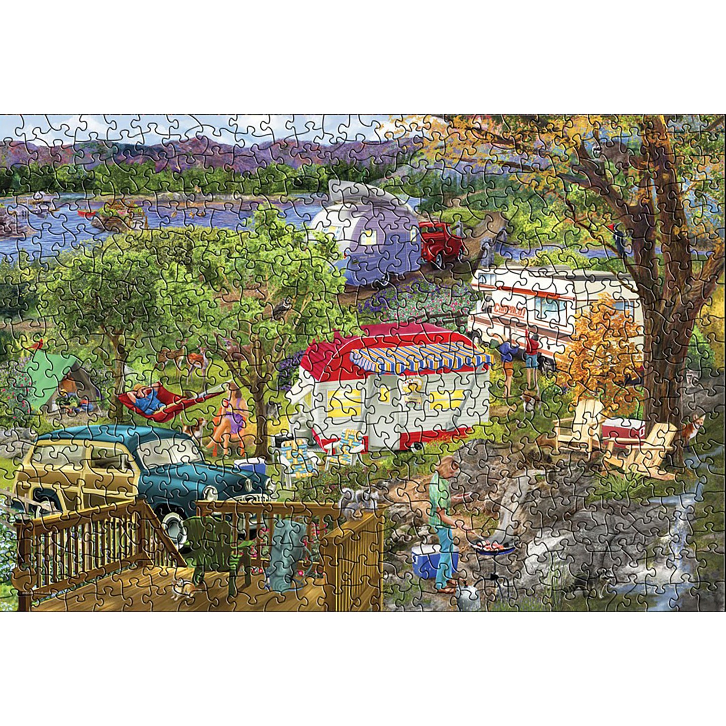 Eurographics 550 Piece Camping Trailer Puzzle featuring vintage outdoor camping scene with colorful trailers and nature