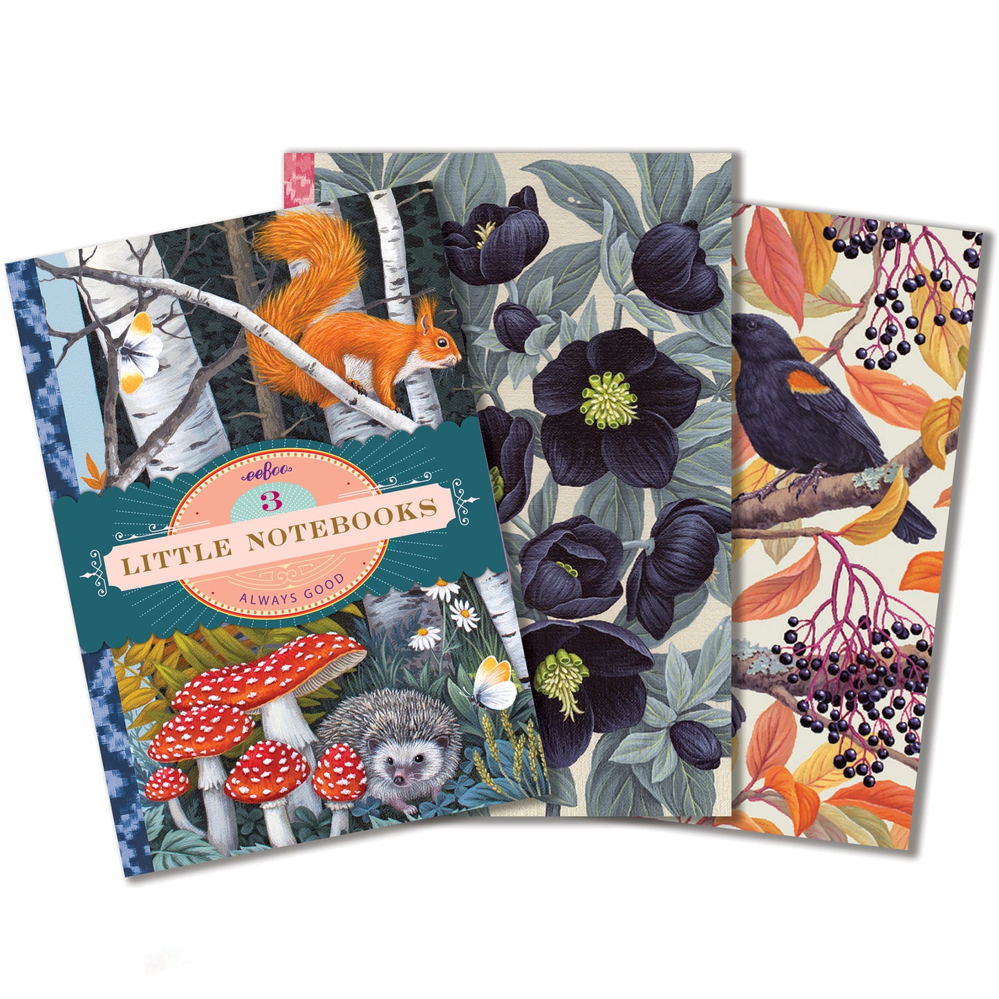eeBoo 3-Notebook Set with colorful nature artwork featuring animals, flowers, and berries