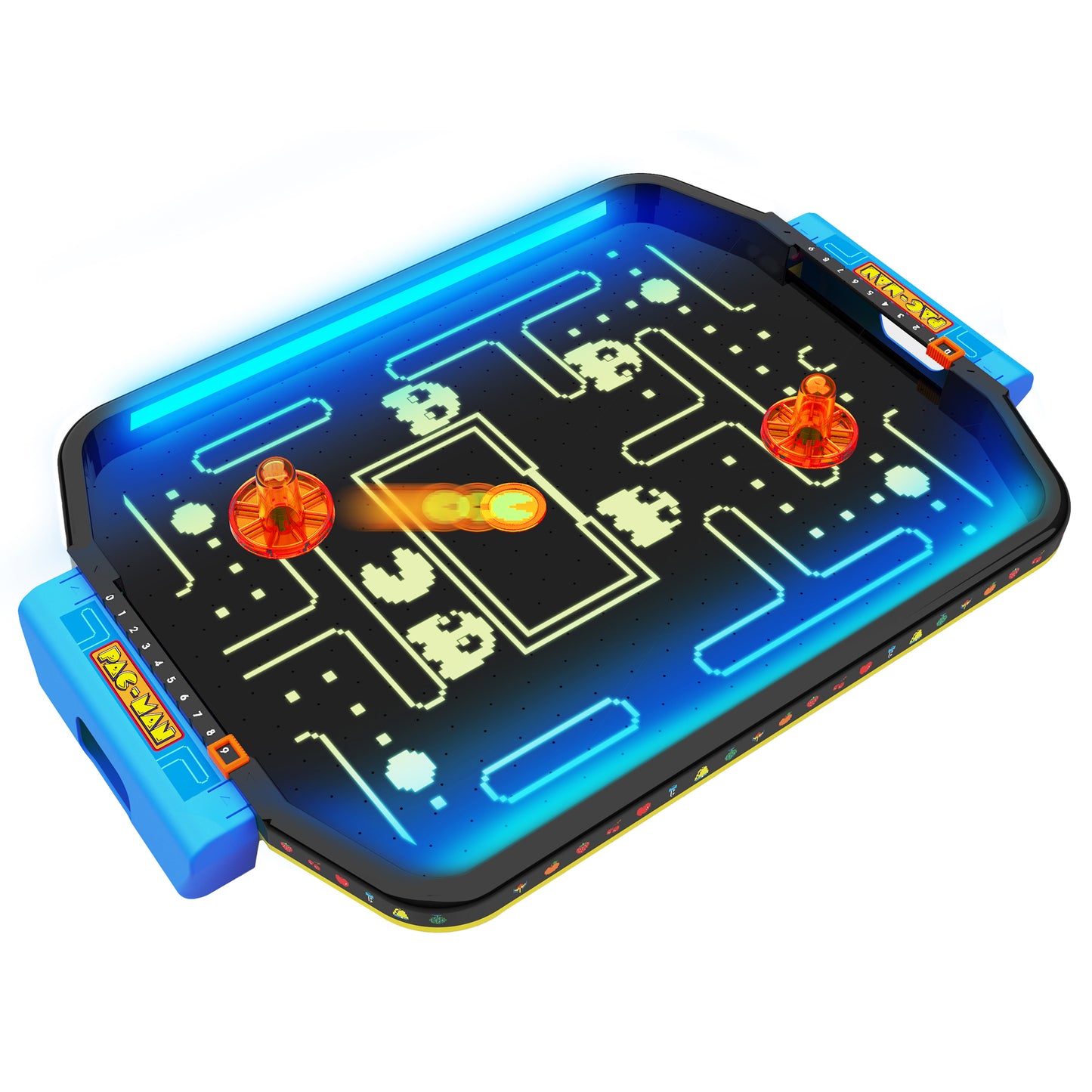 Pac-Man Premium Glow Series Arcade Air Hockey Game with illuminated blue playing surface, glowing neon game graphics, and light-up pucks