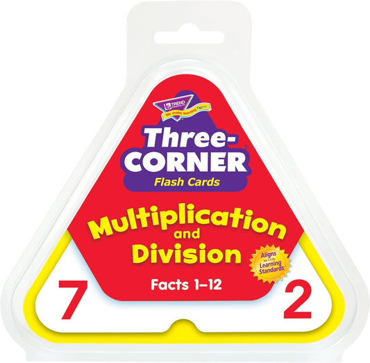Three-Corner Flash Cards Multiplication and Division Facts 1-12 in triangular packaging with red, purple, and yellow design