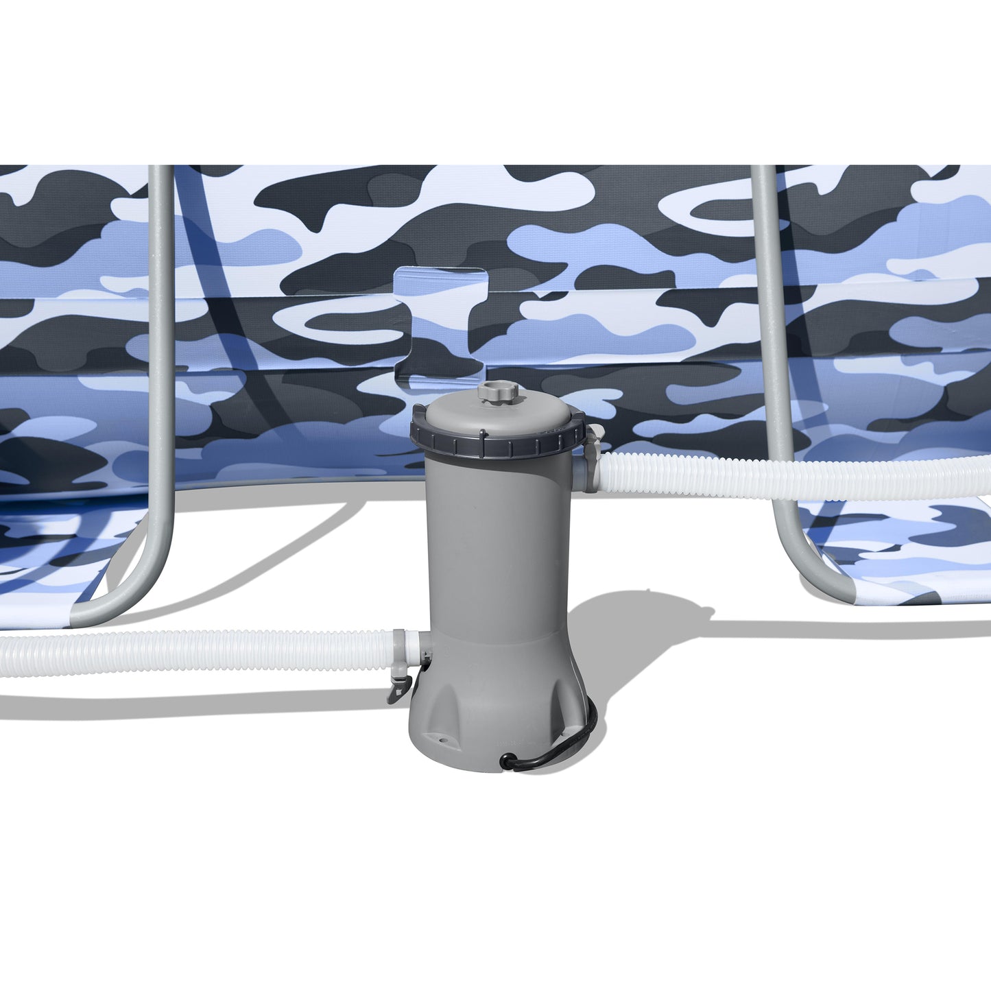 Steel Max Pro 14' x 8'2" Pool Set with gray pump filter and blue camouflage liner