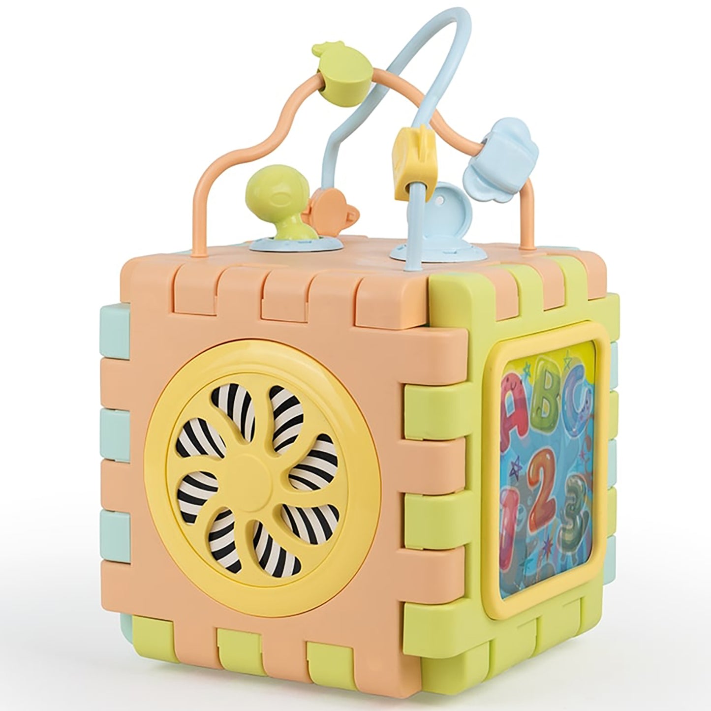 Pastel activity cube with bead maze arches on top, spinning gear wheel, ABC panel, and stacking blocks on sides