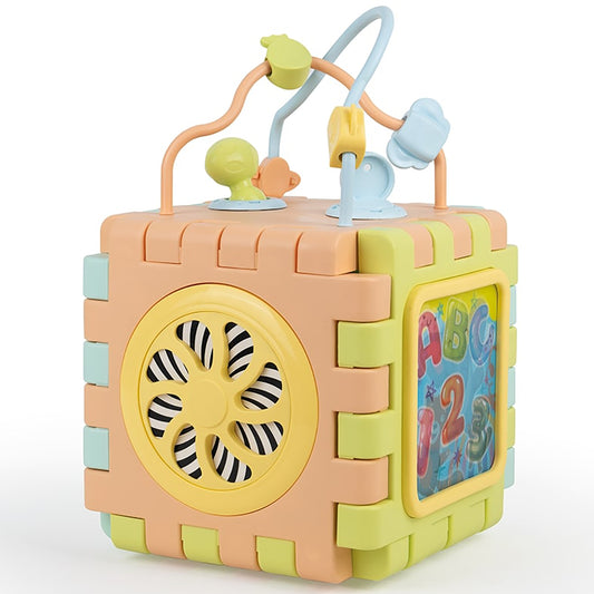 Pastel activity cube with bead maze arches on top, spinning gear wheel, ABC panel, and stacking blocks on sides