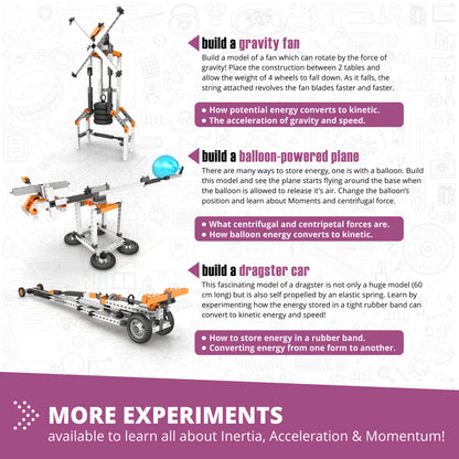 Engino Newton's Laws STEM building set with gravity fan, balloon plane, and dragster car models in orange and black