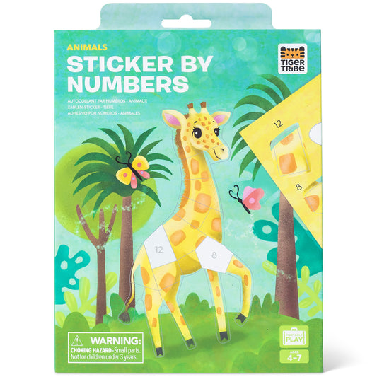 Tiger Tribe Animals Sticker by Numbers art set featuring colorful giraffe illustration for kids ages 4-7