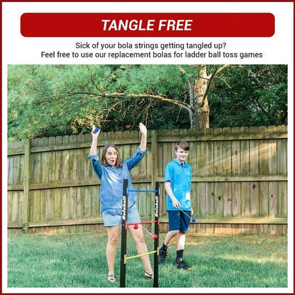 TANGLE FREE Sick of your bola strings getting tangled up? Feel free to use our replacement bolas for ladder ball toss games. Two children modeled playing ladder
