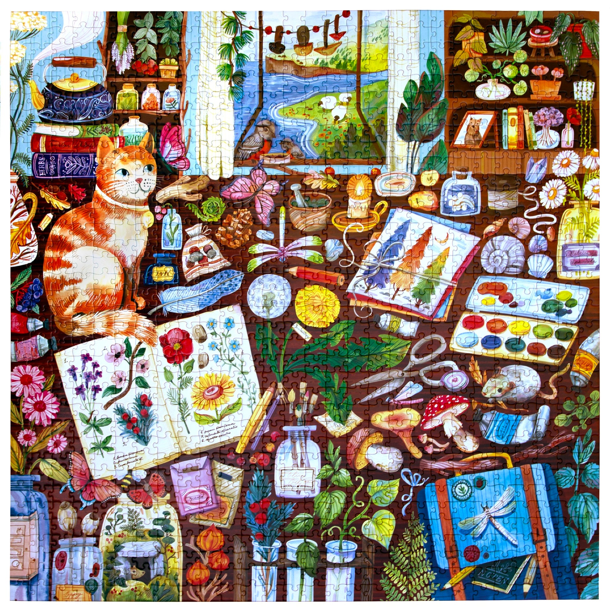 Piece&Love Naturalist's Cat 1000 piece puzzle featuring orange cat with botanical and nature illustrations