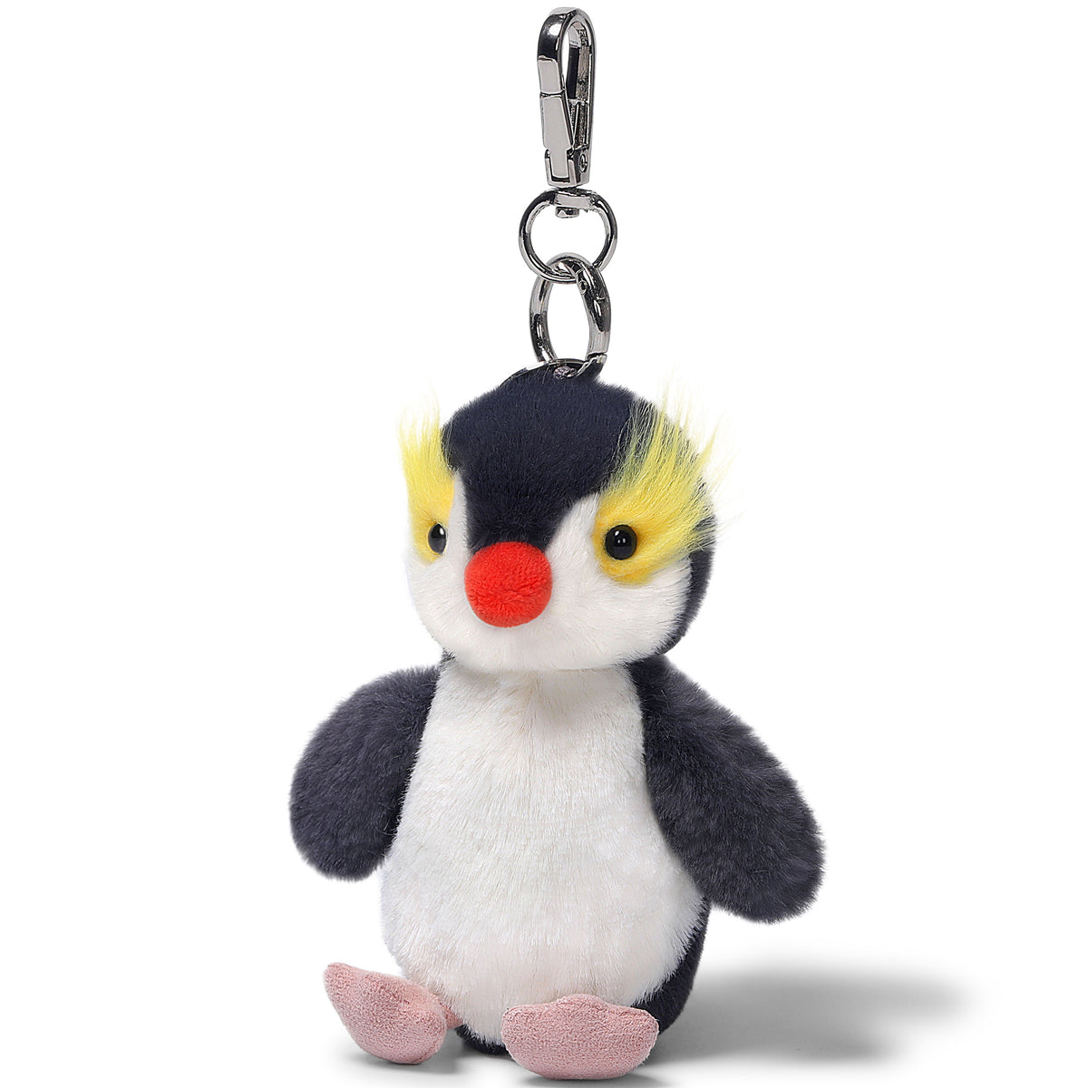 McHugs Macaroni Penguin Bag Charm Plush with black and white body, yellow crest, red nose, and pink feet, attached to...