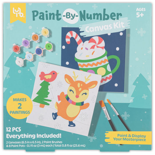 LYB Reindeer Paint-By-Number Canvas Kit with numbered paint pots, brushes, and holiday designs