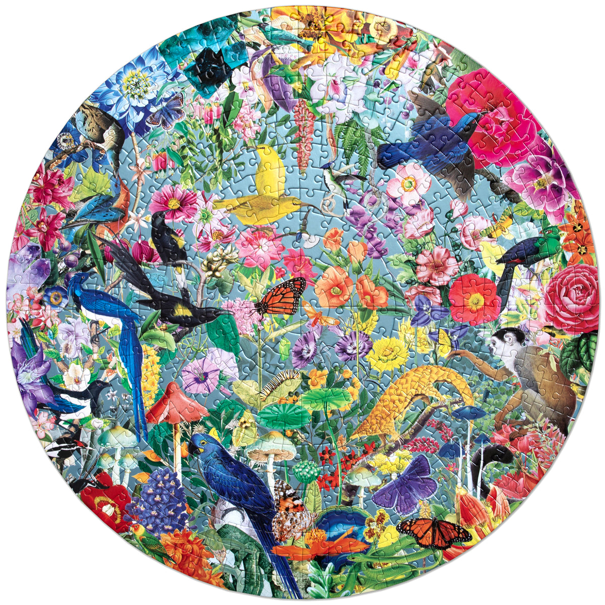 eeBoo Paradise Garden 500-piece round jigsaw puzzle with colorful birds, flowers, and nature artwork
