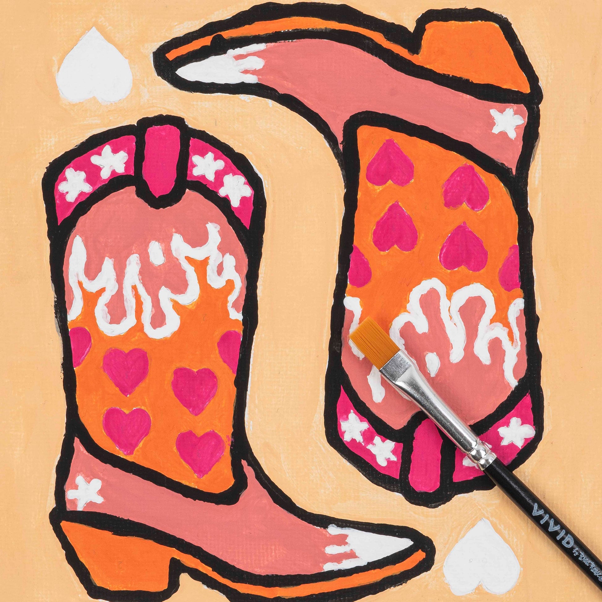 Mini Paint By Number Cowgirl Boot craft kit with pink, orange, and white heart designs