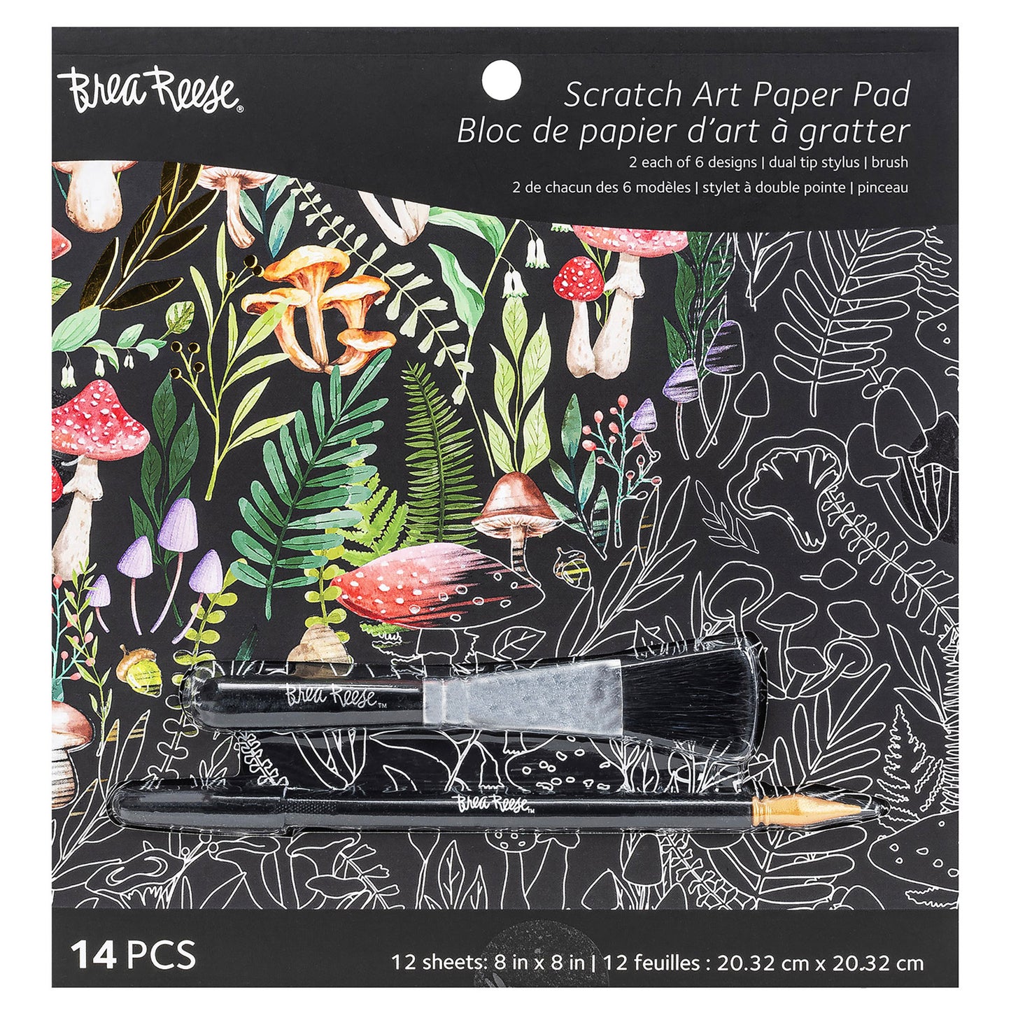 Brea Reese Scratch Art Paper Pad with dual tip stylus and brush, featuring nature designs
