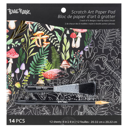 Brea Reese Scratch Art Paper Pad with dual tip stylus and brush, featuring nature designs