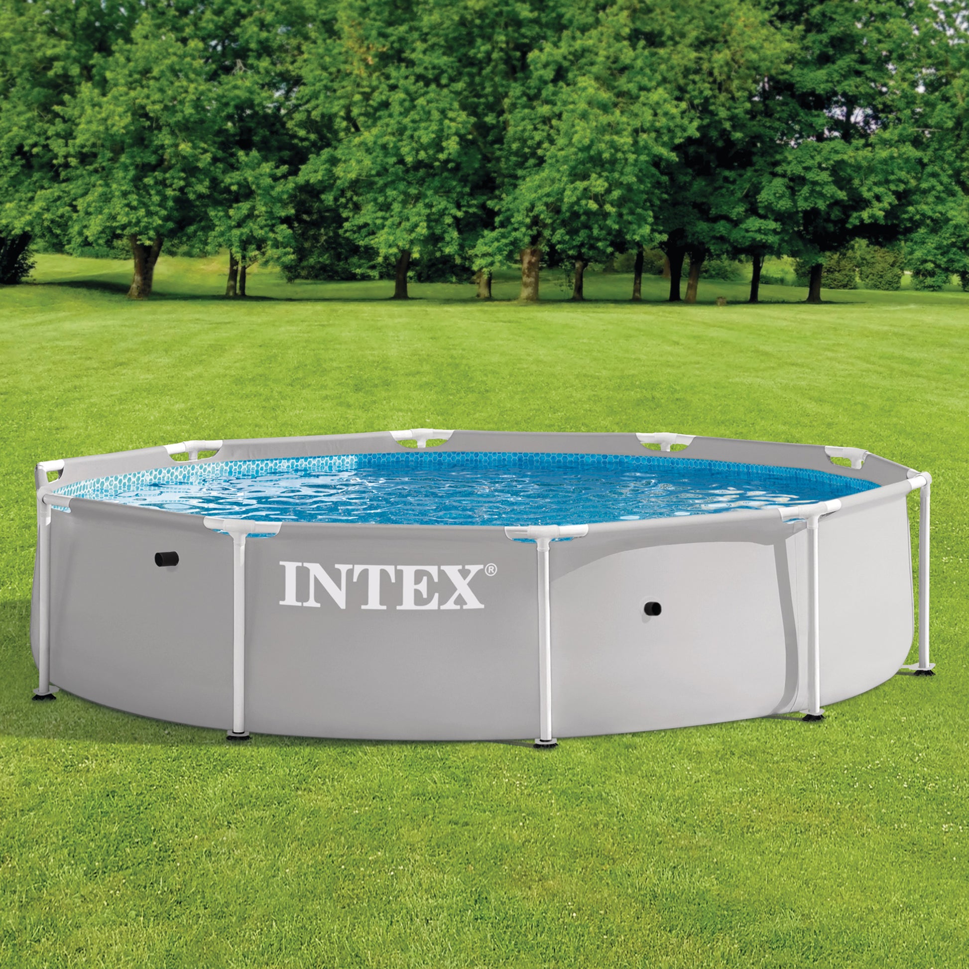 Intex Prism Frame Premium Pool Set 10'x30" gray and blue above-ground pool on grass
