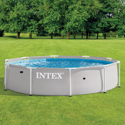 Intex Prism Frame Premium Pool Set 10'x30" gray and blue above-ground pool on grass