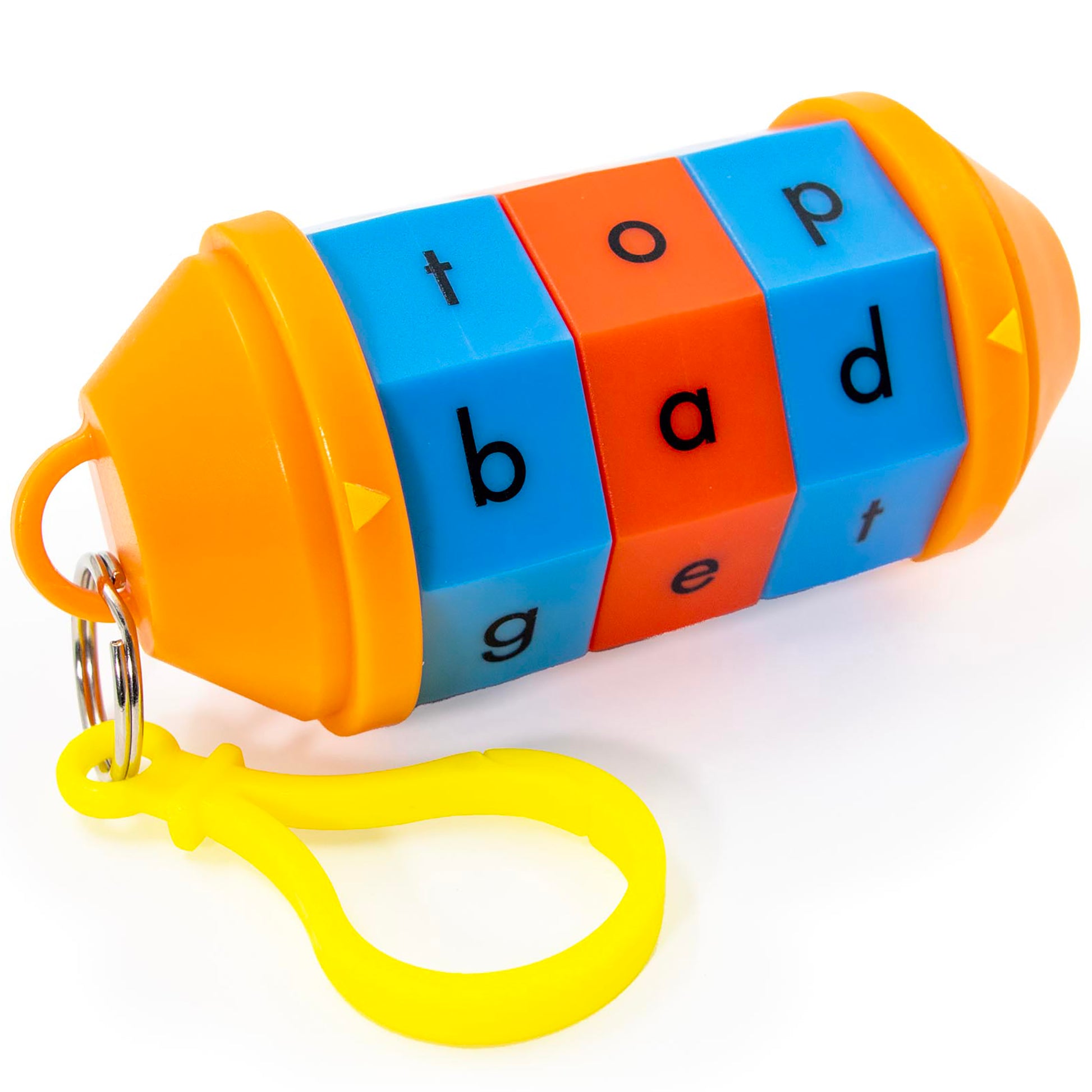 Junior Learning Word Tumbler CVC phonics toy with blue, orange, and yellow rotating letter cubes
