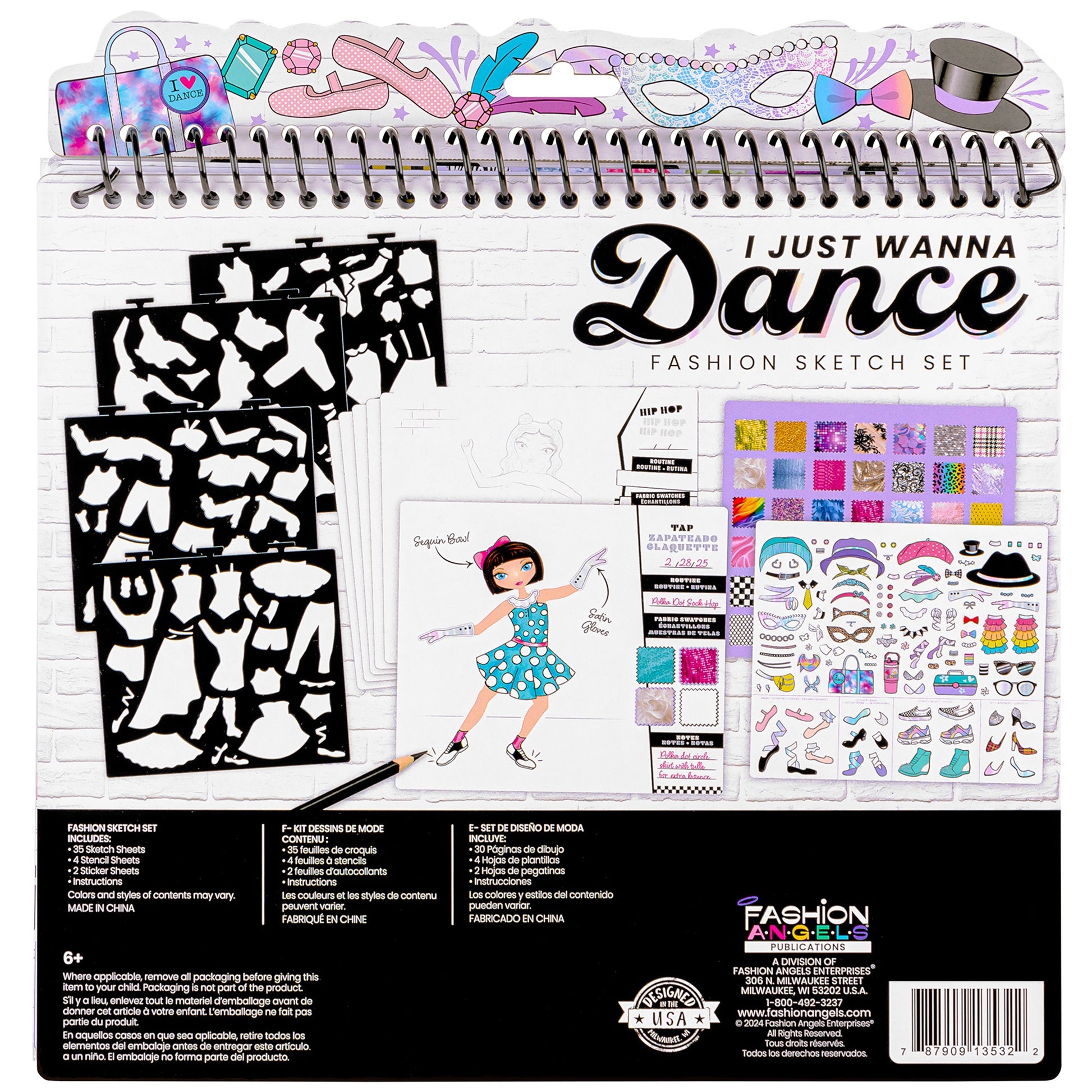 I Just Wanna Dance Fashion Sketch Set with stencils, stickers, and colored pencils