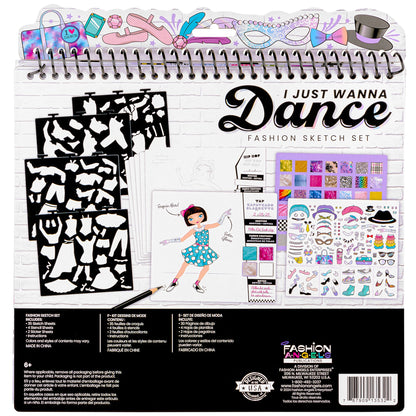 I Just Wanna Dance Fashion Sketch Set with stencils, stickers, and colored pencils