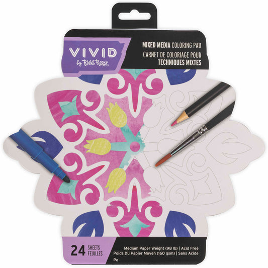 Vivid Mixed Media Coloring Pad Tile with colorful designs, markers, and brush included