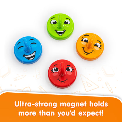Happy Hooks colorful magnetic toys in blue, green, orange and red with smiling faces