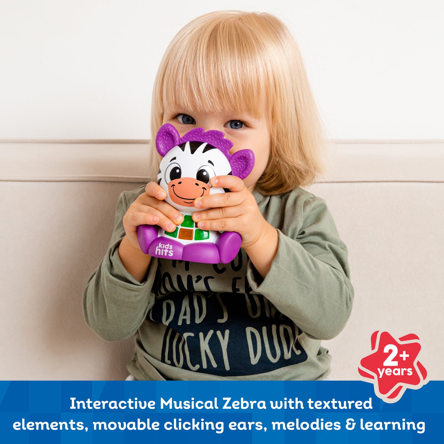 Kids Hits Babykins Zebra musical toy with purple ears and interactive buttons for toddlers