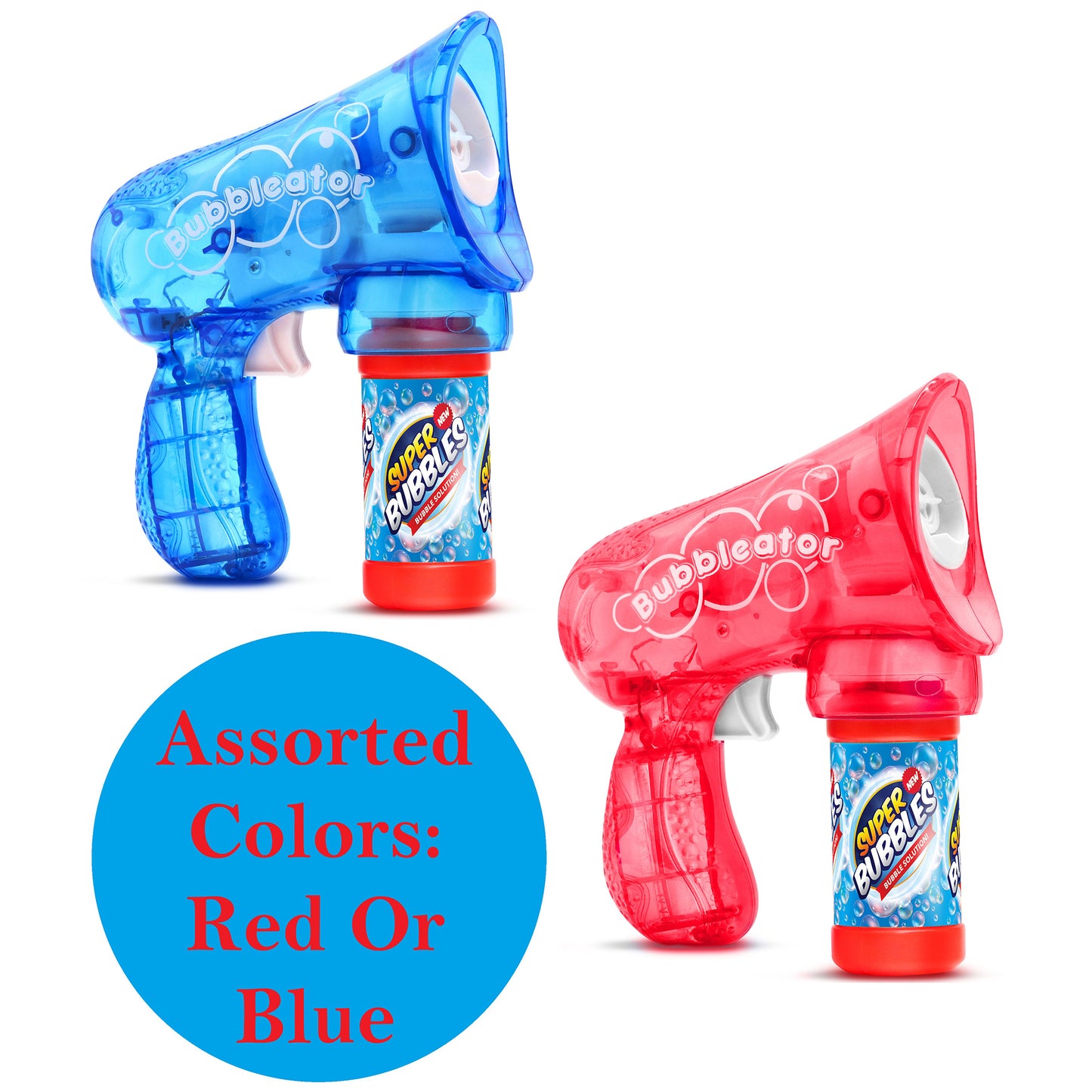 Bubble-ator bubble gun toy in assorted blue and red colors with bubble solution