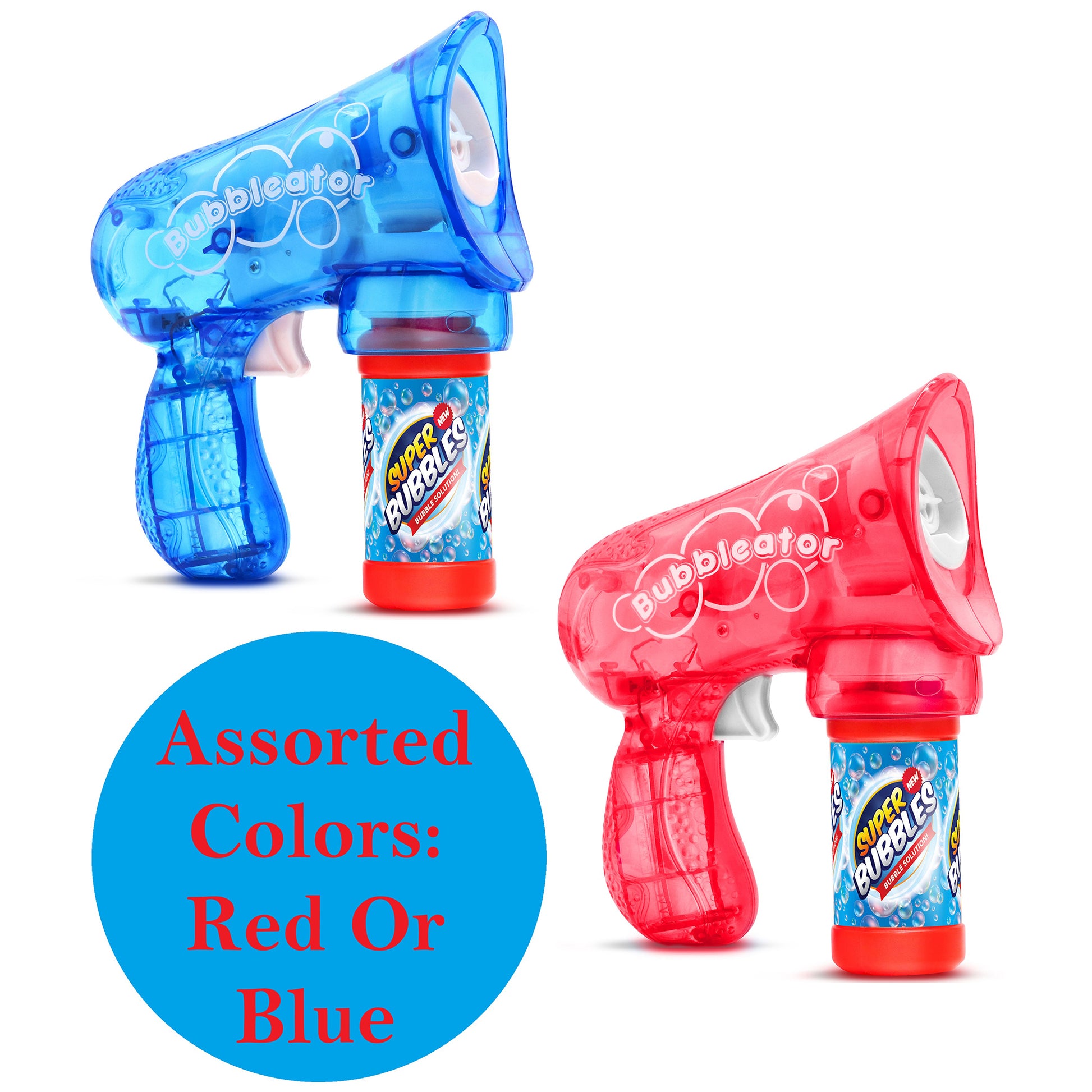 Bubble-ator bubble gun toy in assorted blue and red colors with bubble solution