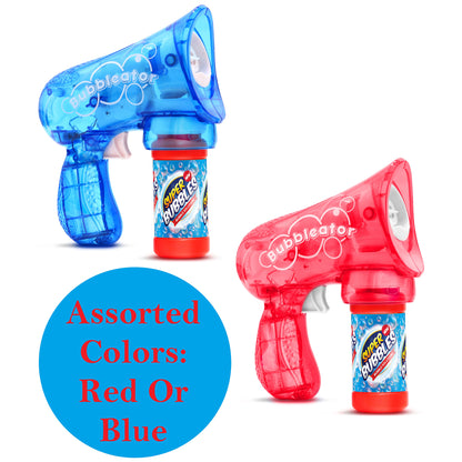 Bubble-ator bubble gun toy in assorted blue and red colors with bubble solution