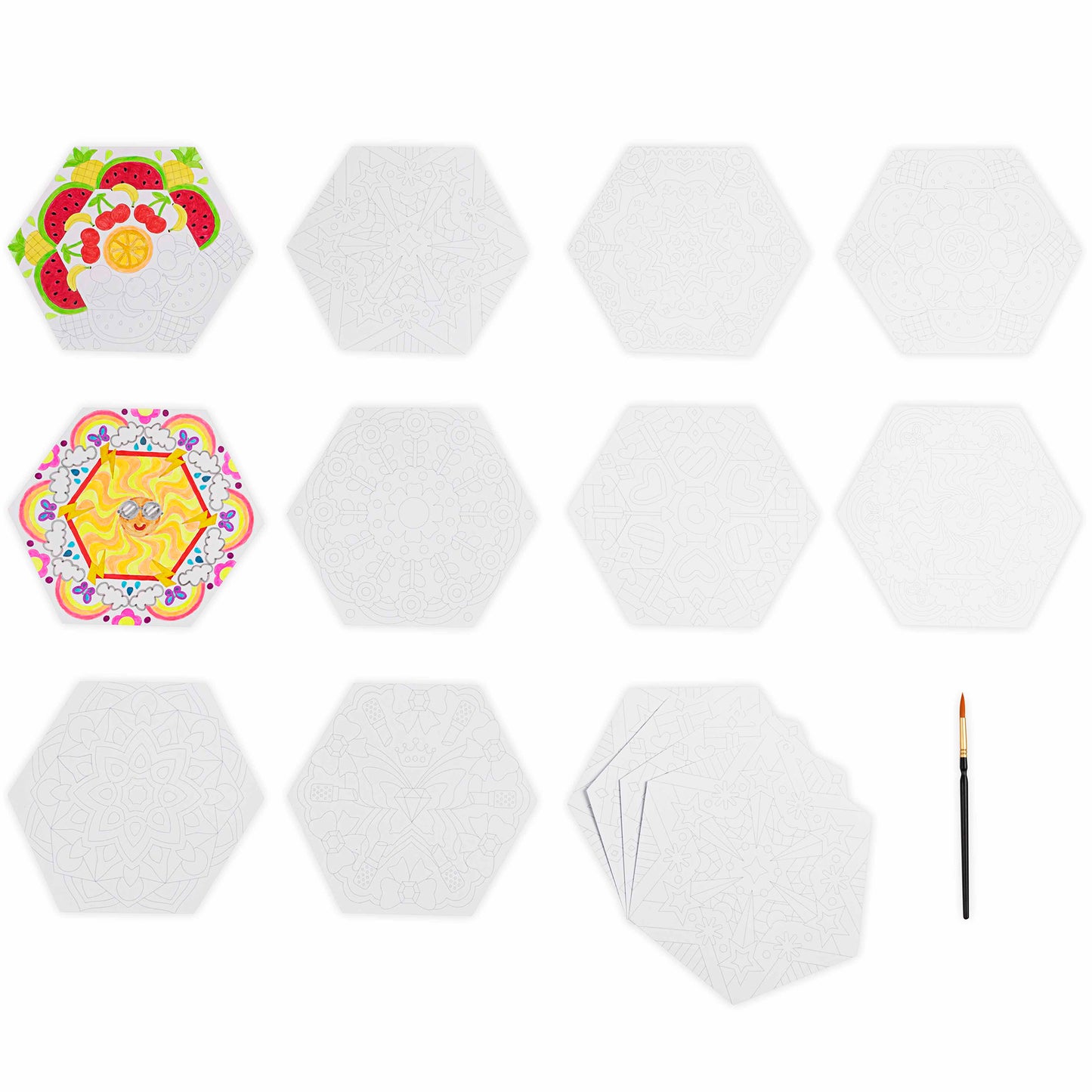 Mixed Media Coloring Pad: Mandala with hexagonal pages and paintbrush