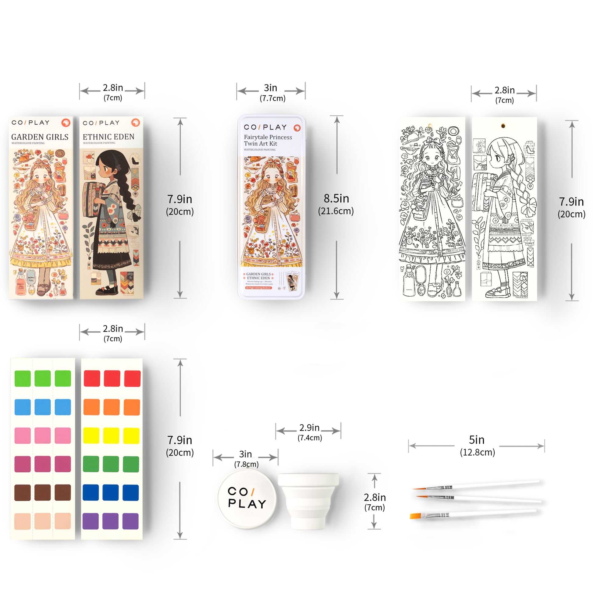 COIPLAY Watercolor Art Kit Fairytale Princess with coloring pages, paint palette, and brushes