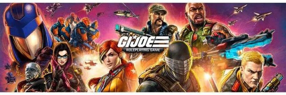 G.I. Joe Roleplaying Game promotional banner featuring armed military characters, explosions, aircraft, and the G.I. Joe logo on a purple and orange gradient ba