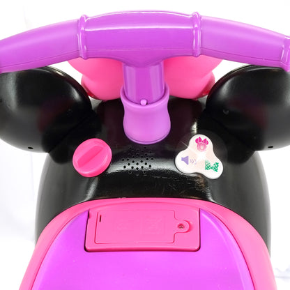 Kiddieland Minnie Zoom Zoom Ride-On toy with pink and black colors, lights and sounds