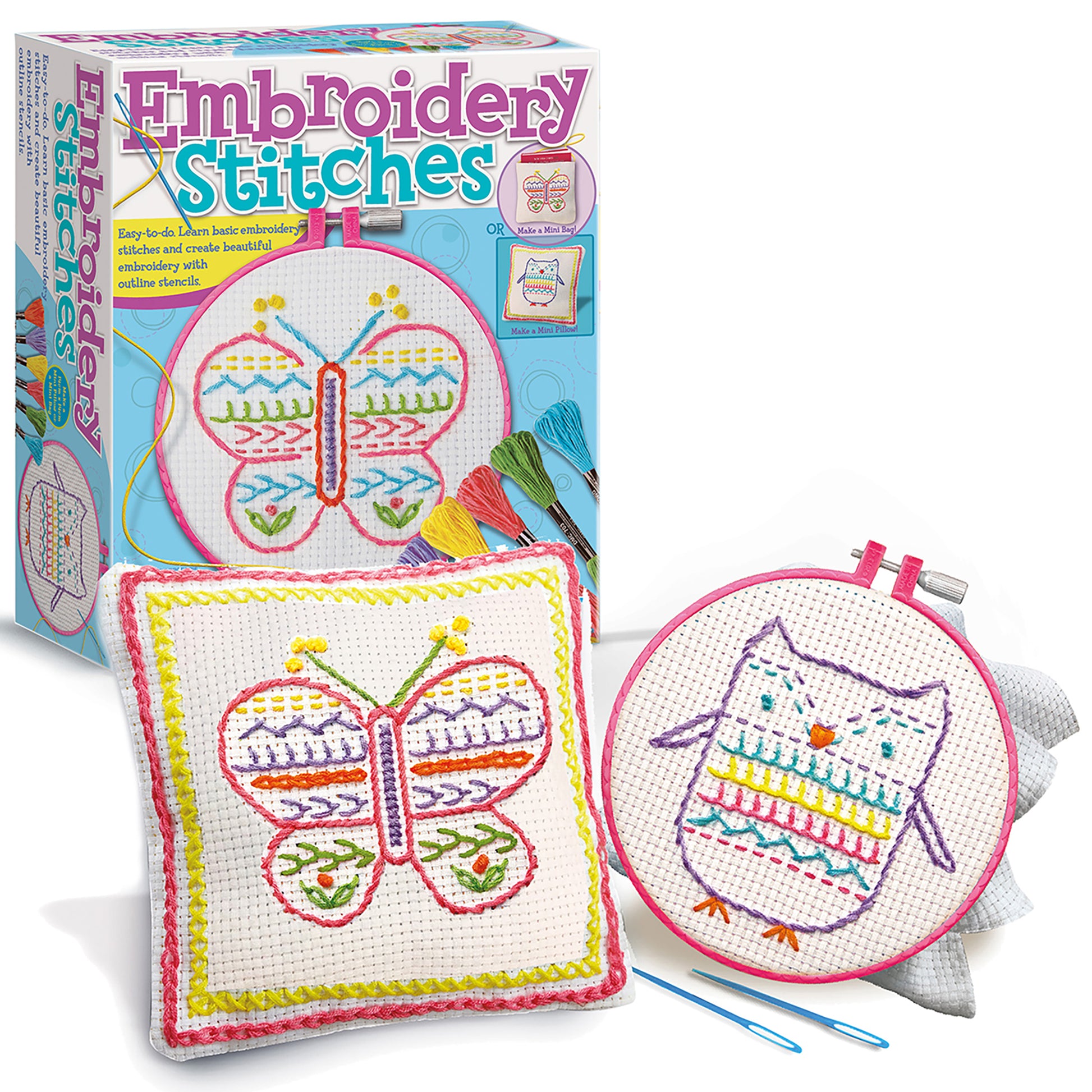 Embroidery Stitches kit with colorful threaded butterfly and owl designs in pink hoops, embroidery floss, needles, and stencil outlines on packaging