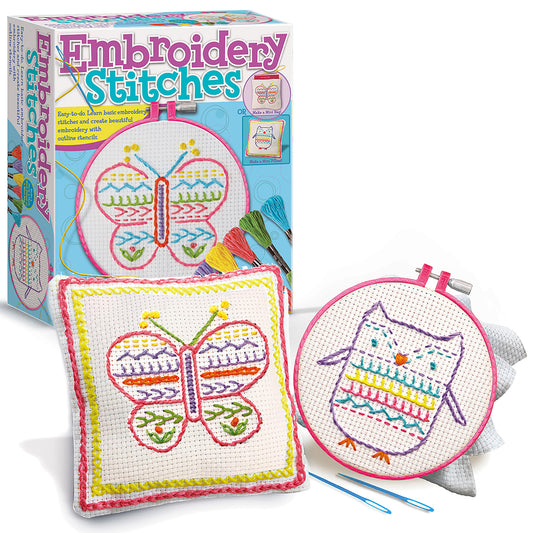 Embroidery Stitches kit with colorful threaded butterfly and owl designs in pink hoops, embroidery floss, needles, and stencil outlines on packaging