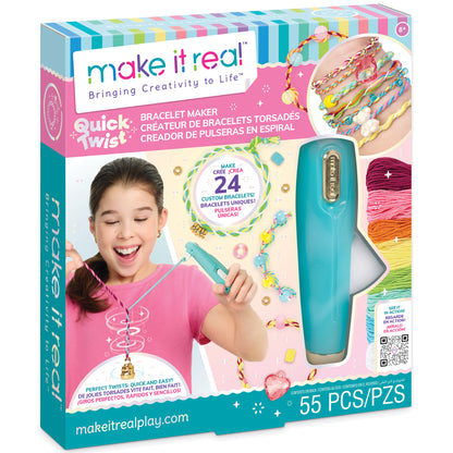 Make It Real Quick Twist Bracelet Maker with turquoise device, colorful threads and beads for creating 24 custom brac...