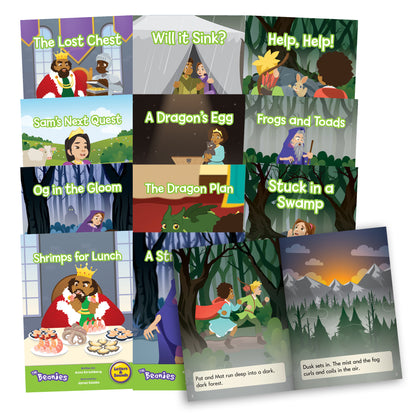 Collection of 12 colorful children's books from the Junior Learning Beanies Diversity Phase 4 set, displayed in a grid layout showing story covers including The