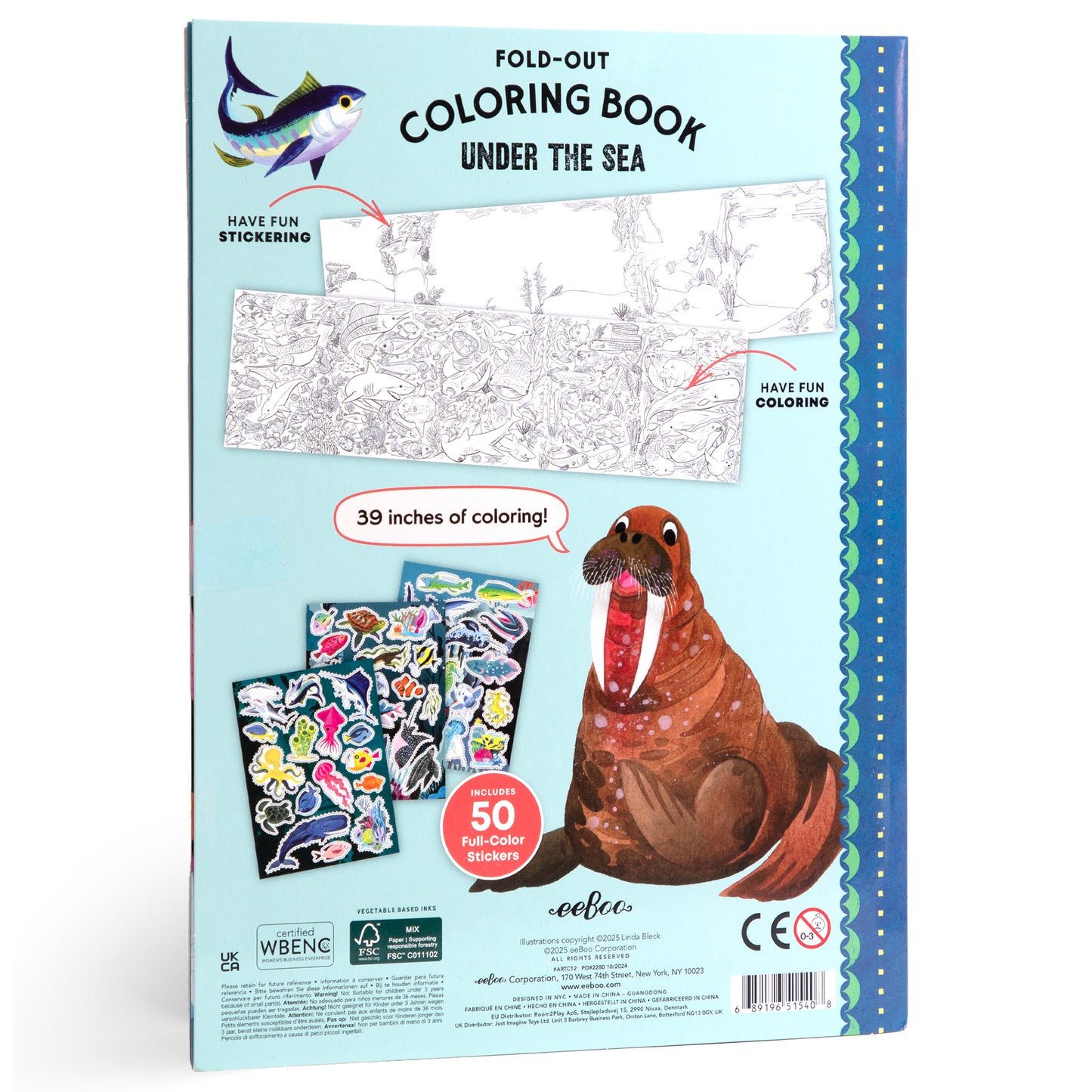 eeBoo Under The Sea Giant Fold-Out Coloring Book with 50 Stickers